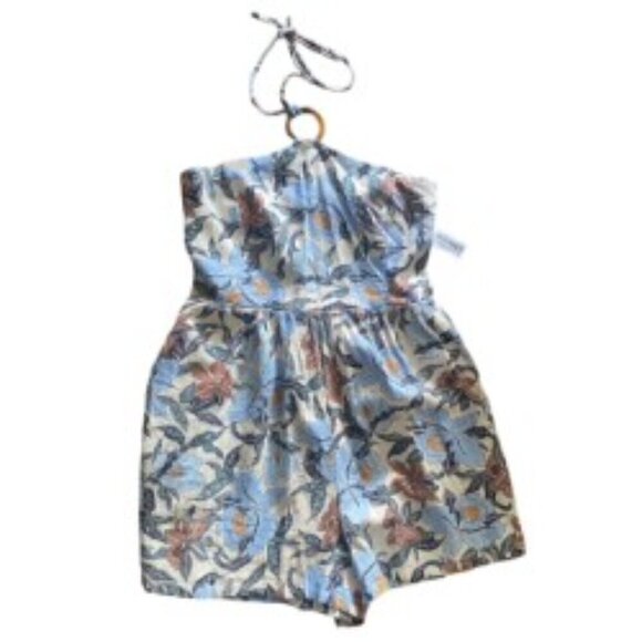 NWT Old Navy Halter Neck Blue Floral Linen Blend Short Romper Large - Picture 1 of 5